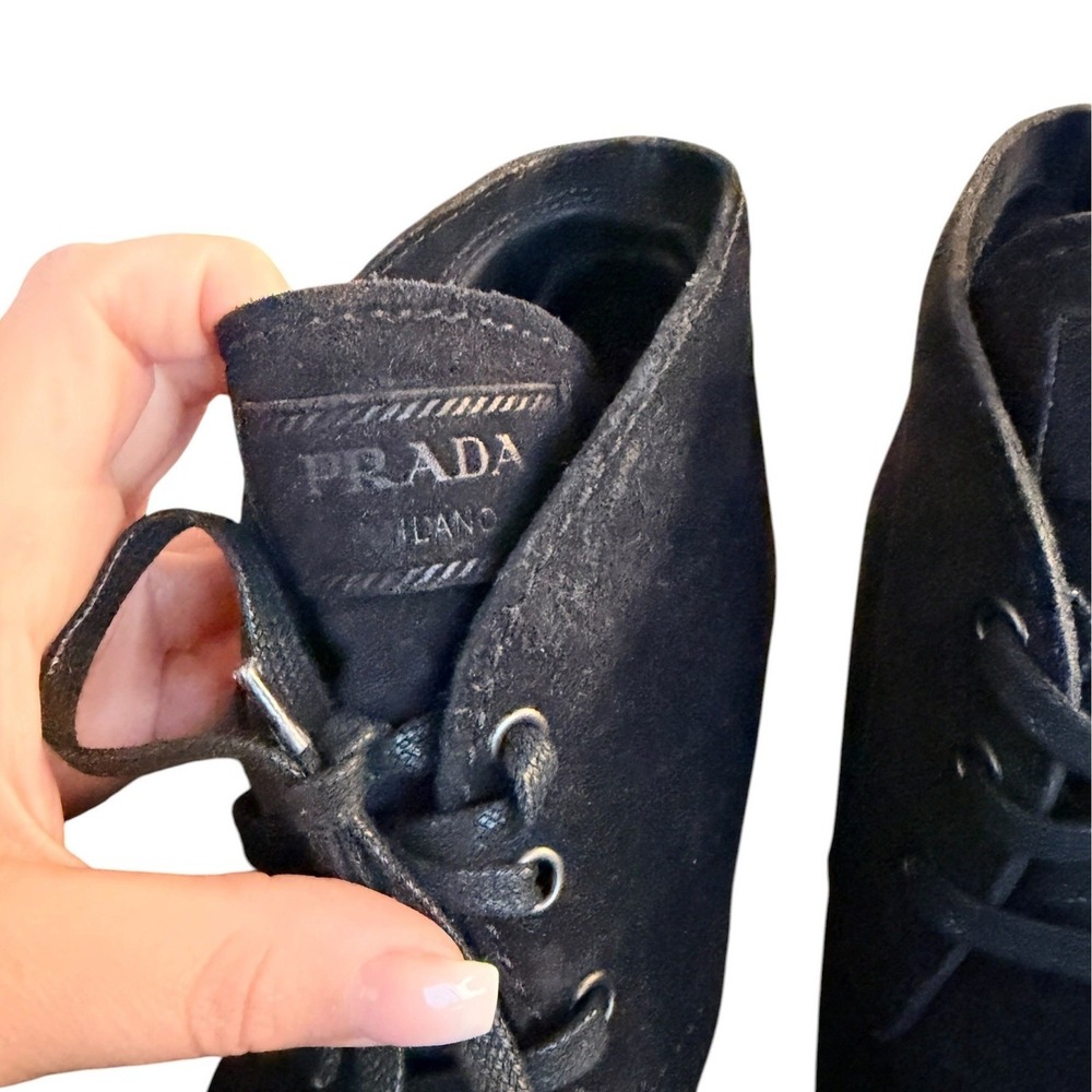 Quiet Luxury Prada Suede Wedge Ankle Boots Black Size 37.5 - Picture 5 of 10